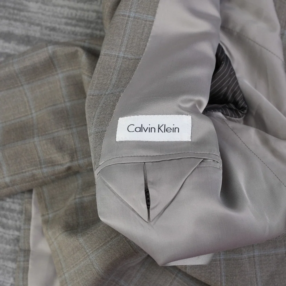 Calvin‎ Klein Gray Wool Silk Blazer Sport Coat Men Two Button Check 48 Regular
